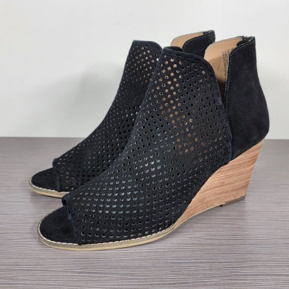 Susina Kinston Peep Toe Perforated Wedge Bootie, Black Suede, Size 9.5 & 10 - Picture 3 of 10